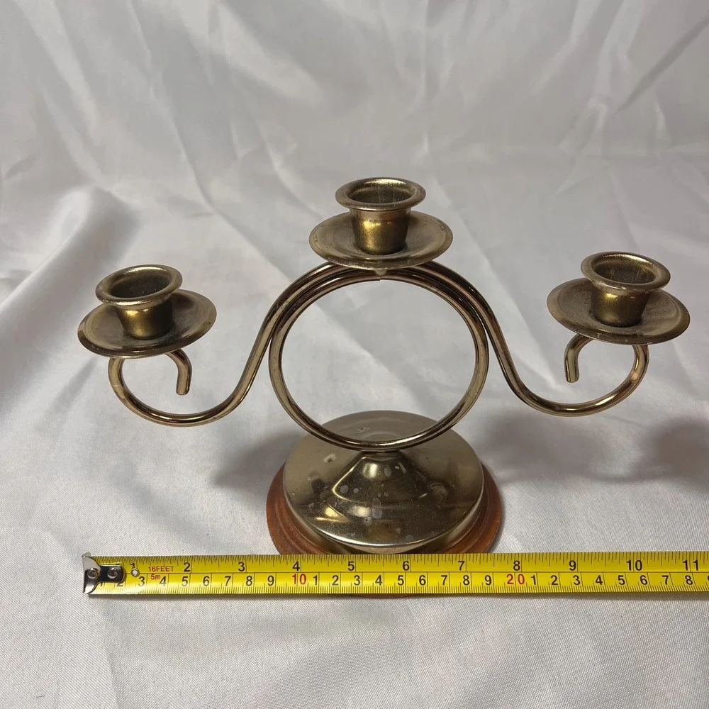VTG Brass 3 Arm Candelabra Wood Base Scroll Candle Holder Hollywood Regency